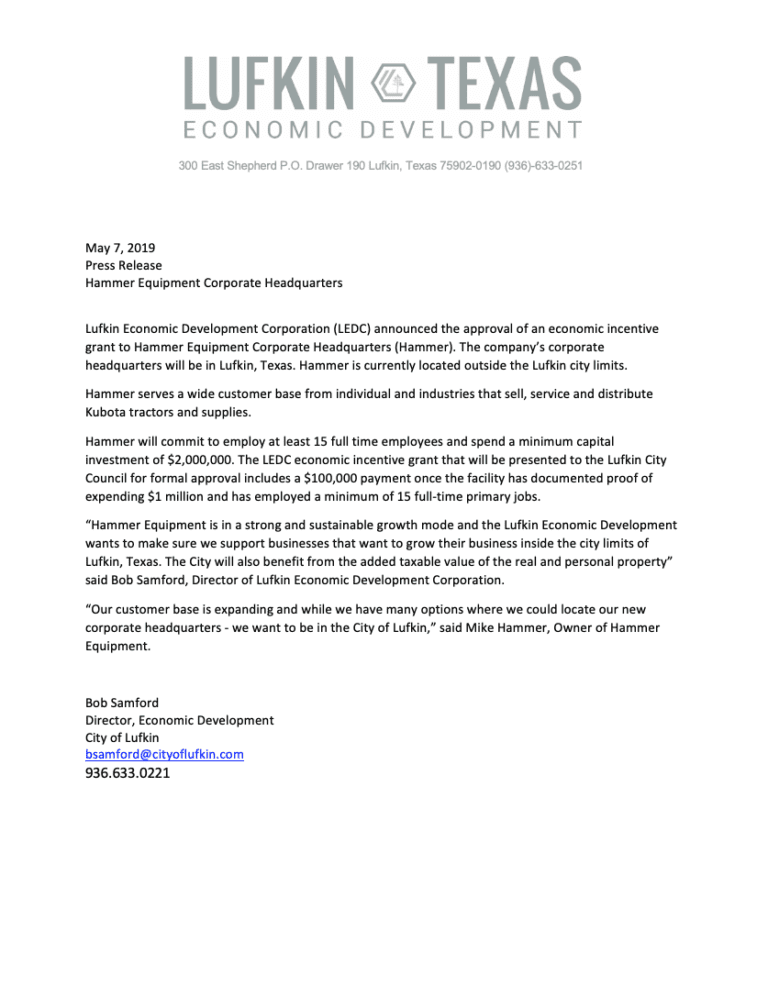 LEDC announces approval of incentive grant to Hammer Equipment Lufkin Economic Development